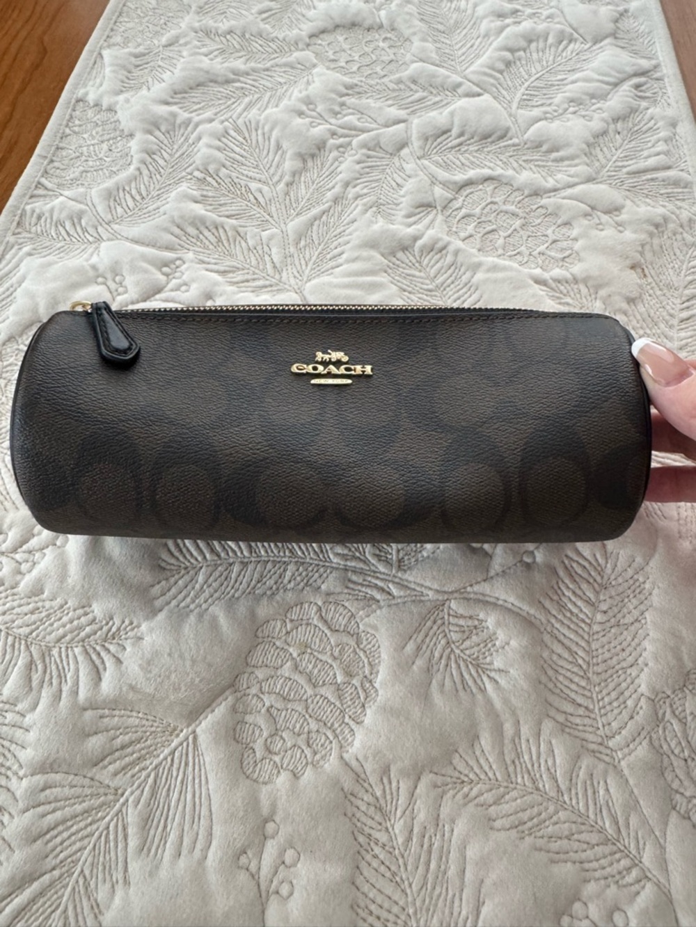 Coach Brown Signature Cylinder Zip Pouch with Gold Hardware